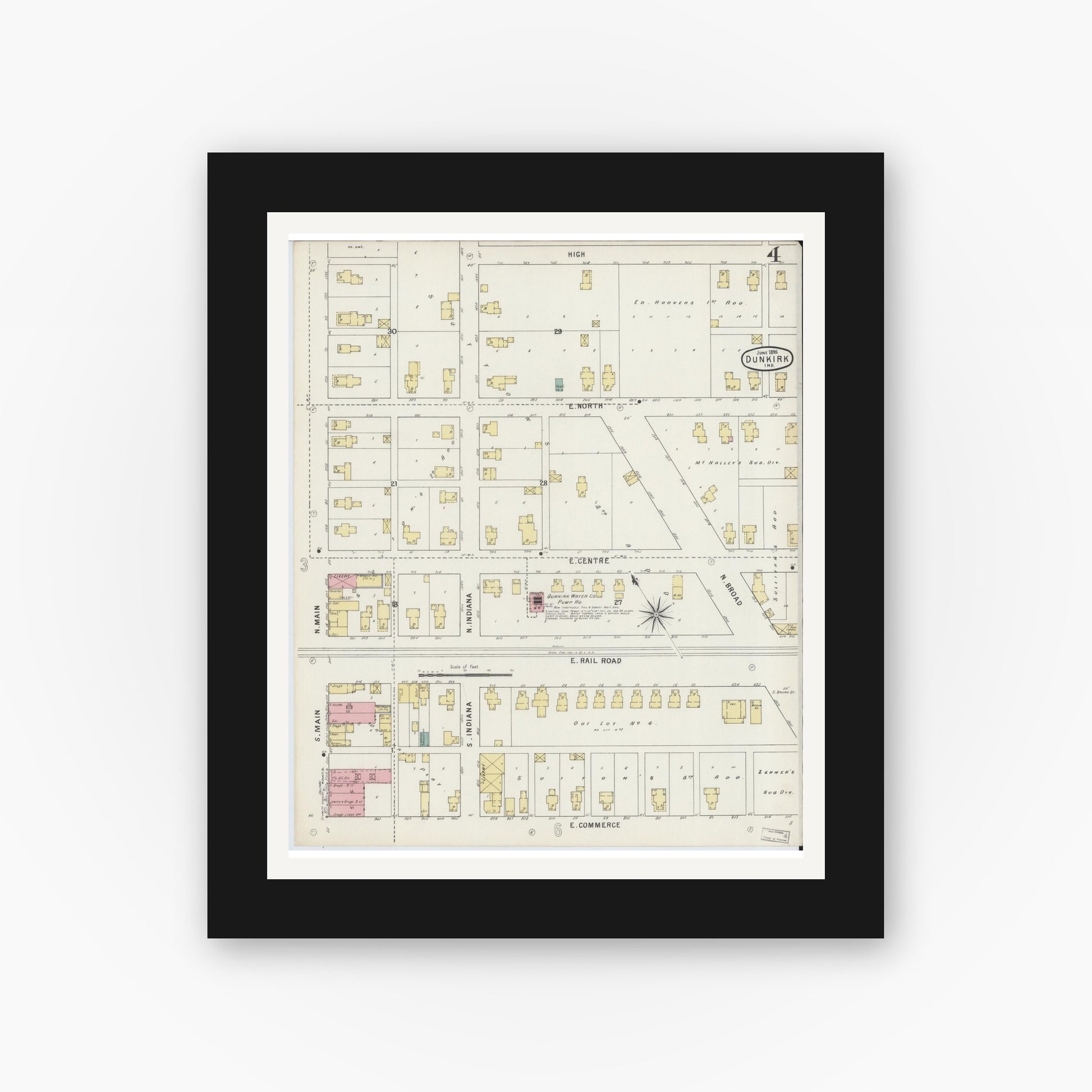 Old map wall art mockup — black gallery frame with white mat — Sanborn Fire Insurance Map from Dunkirk, Jay And Blackford Counties, Indiana (1895), Sheet #0004