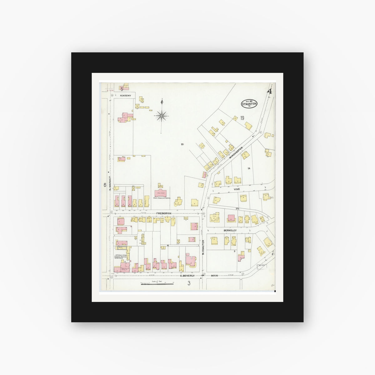 Old map wall art mockup — black gallery frame with white mat — Sanborn Fire Insurance Map from Staunton, Independent Cities, Virginia (1904), Sheet #0004