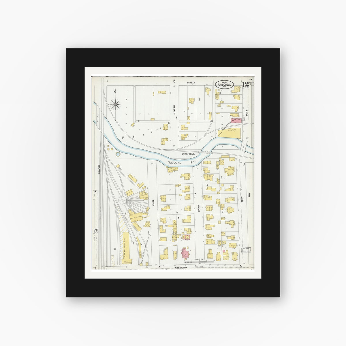 Old map wall art mockup — black gallery frame with white mat — Sanborn Fire Insurance Map from Fond du Lac, Fond du Lac County, Wisconsin (1902), Sheet #0012