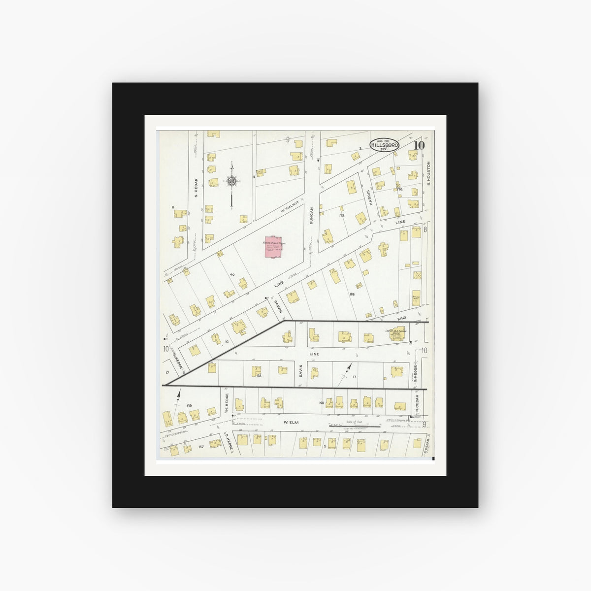 Old map wall art mockup — black gallery frame with white mat — Sanborn Fire Insurance Map from Hillsboro, Hill County, Texas (1918), Sheet #0010