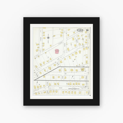 Old map wall art mockup — black gallery frame with white mat — Sanborn Fire Insurance Map from Hillsboro, Hill County, Texas (1918), Sheet #0010