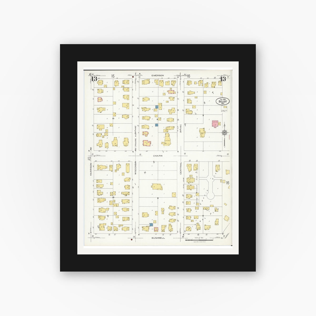 Old map wall art mockup — black gallery frame with white mat — Sanborn Fire Insurance Map from Beloit, Rock County, Wisconsin (1926), Sheet #0013