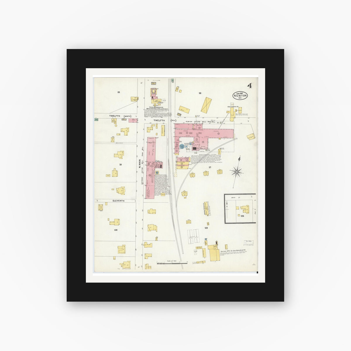 Old map wall art mockup — black gallery frame with white mat — Sanborn Fire Insurance Map from Newton, Catawba County, North Carolina (1907), Sheet #0004