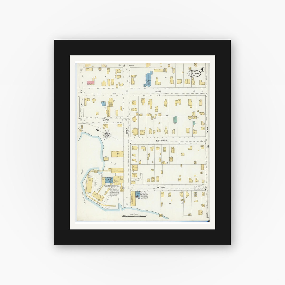 Old map wall art mockup — black gallery frame with white mat — Sanborn Fire Insurance Map from Clayton, Jefferson County, New York (1905), Sheet #0004