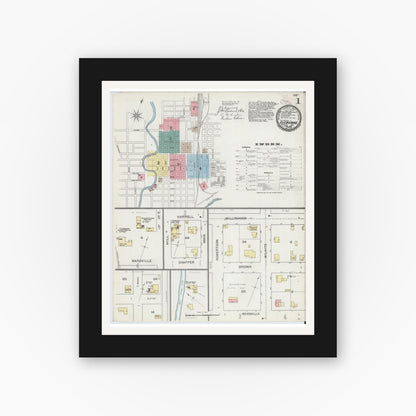 Old map wall art mockup — black gallery frame with white mat — Sanborn Fire Insurance Map from Cleburne, Johnson County, Texas (1893), Sheet #0001