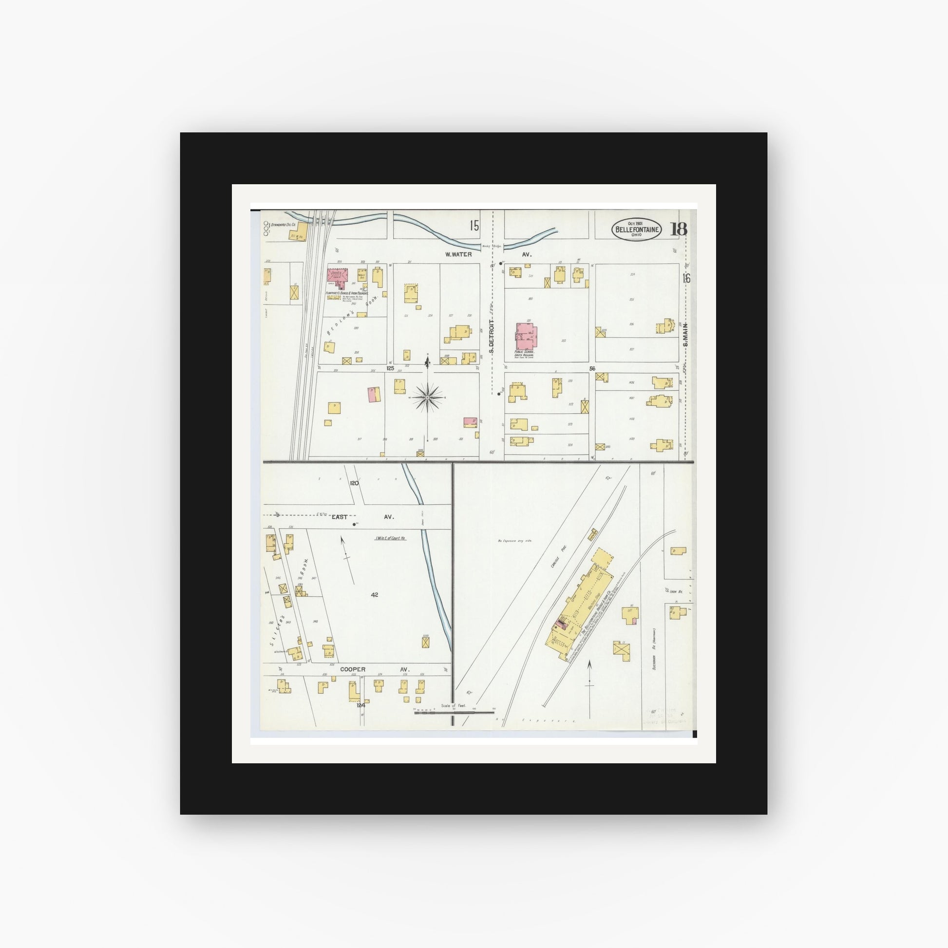 Old map wall art mockup — black gallery frame with white mat — Sanborn Fire Insurance Map from Bellefontaine, Logan County, Ohio (1901), Sheet #0018