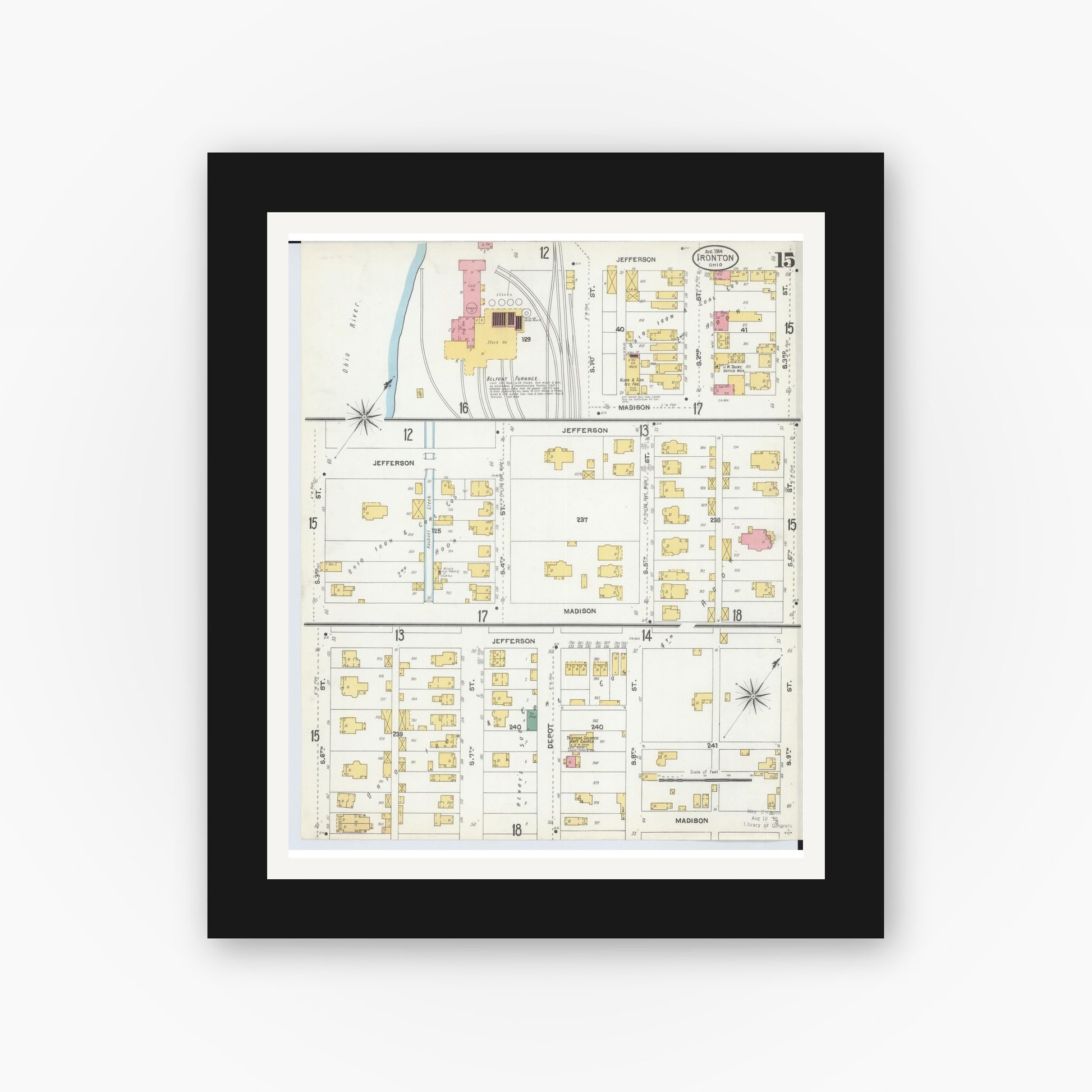 Old map wall art mockup — black gallery frame with white mat — Sanborn Fire Insurance Map from Ironton, Lawrence County, Ohio (1904), Sheet #0015