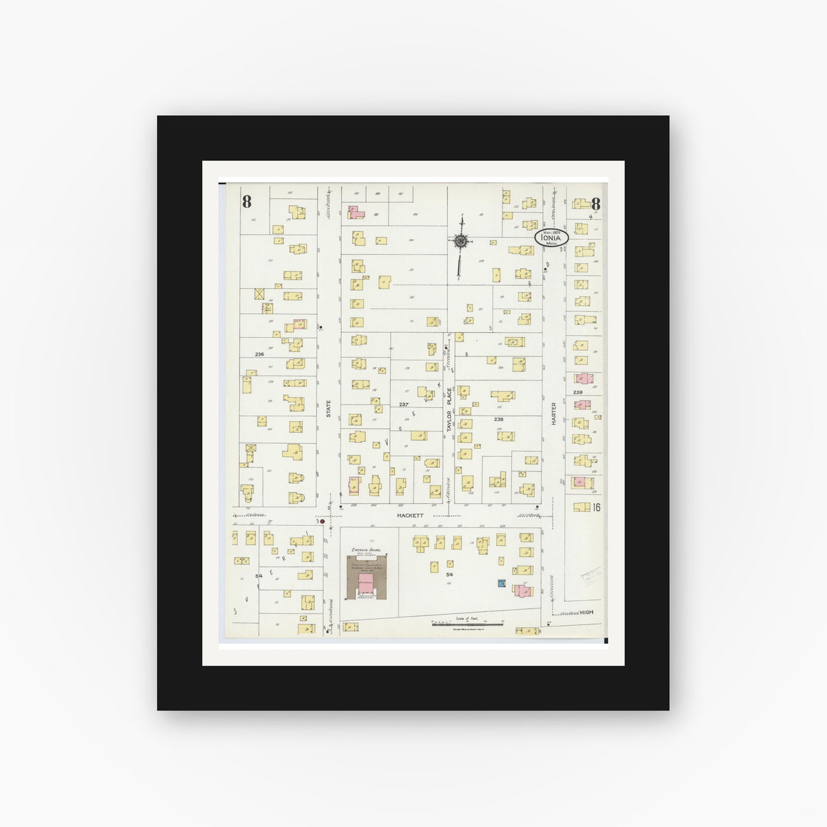 Old map wall art mockup — black gallery frame with white mat — Sanborn Fire Insurance Map from Ionia, Ionia County, Michigan (1924), Sheet #0008