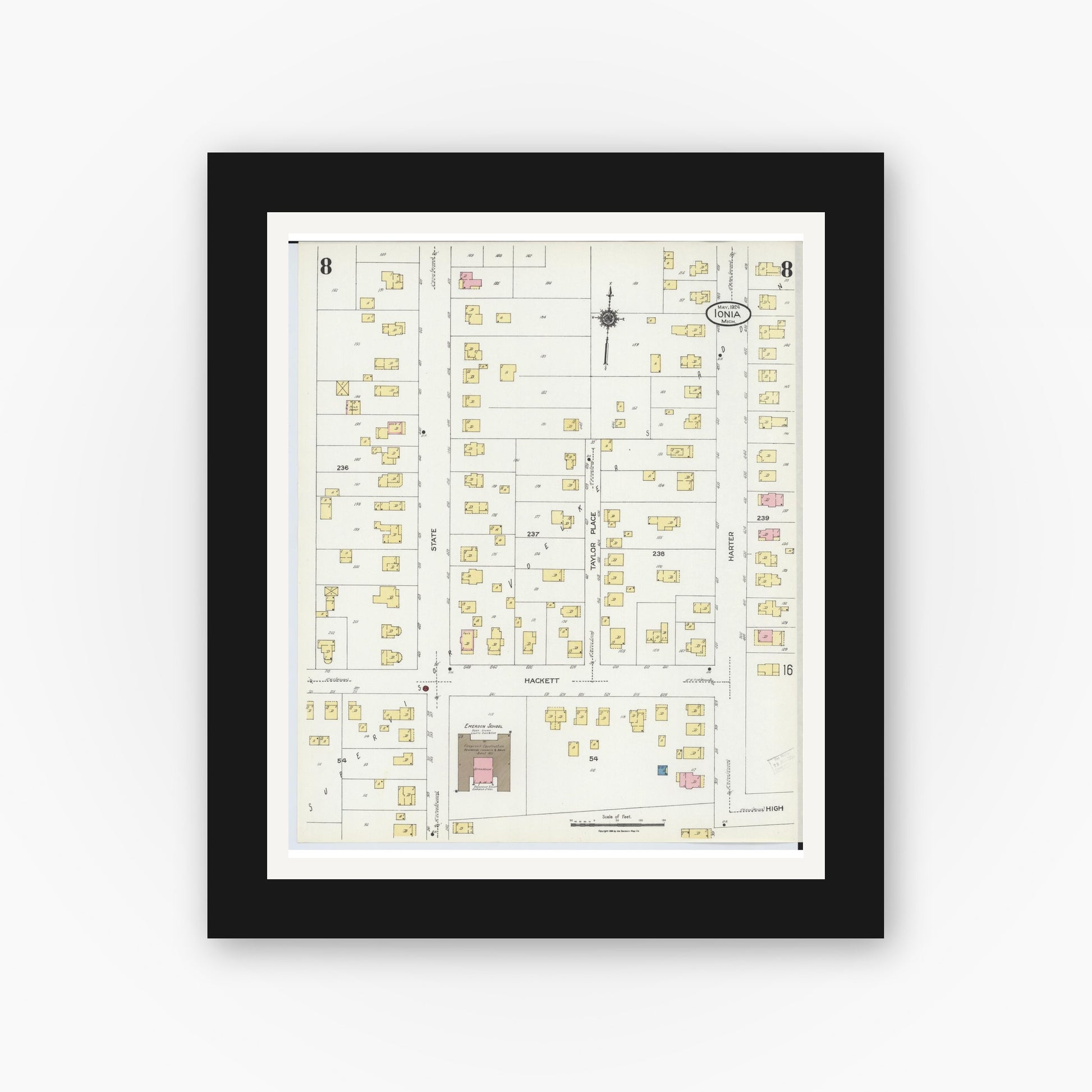 Old map wall art mockup — black gallery frame with white mat — Sanborn Fire Insurance Map from Ionia, Ionia County, Michigan (1924), Sheet #0008