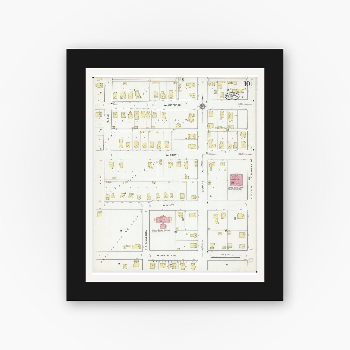 Old map wall art mockup — black gallery frame with white mat — Sanborn Fire Insurance Map from Clinton, De Witt County, Illinois (1916), Sheet #0010