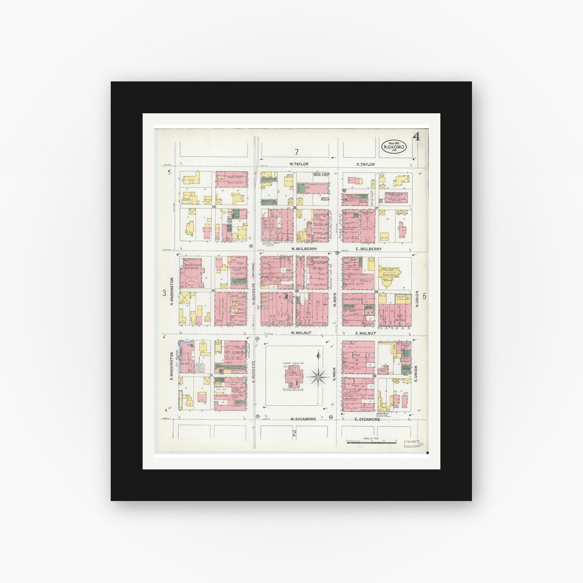 Old map wall art mockup — black gallery frame with white mat — Sanborn Fire Insurance Map from Kokomo, Howard County, Indiana (1902), Sheet #0004