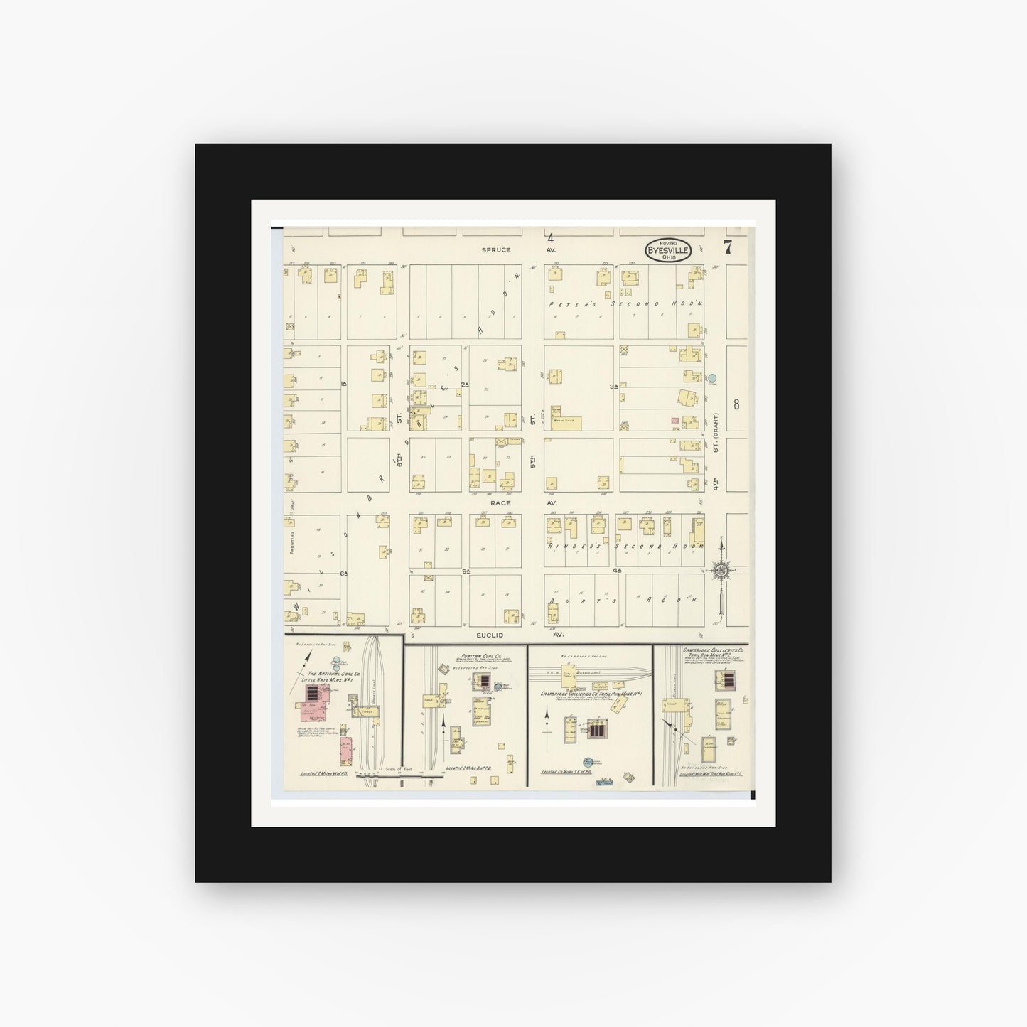 Old map wall art mockup — black gallery frame with white mat — Sanborn Fire Insurance Map from Byesville, Guernsey County, Ohio (1913), Sheet #0007