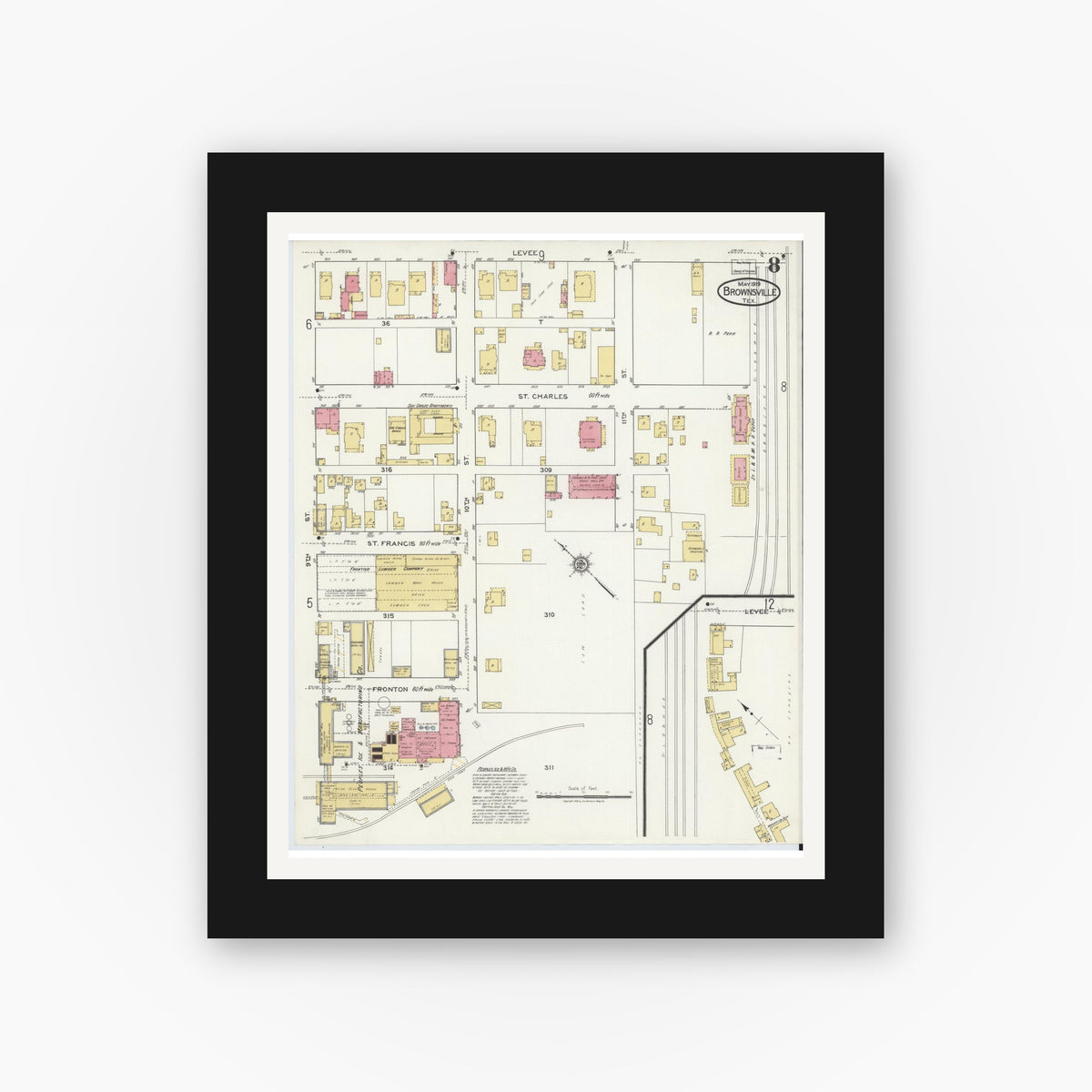 Old map wall art mockup — black gallery frame with white mat — Sanborn Fire Insurance Map from Brownsville, Cameron County, Texas (1919), Sheet #0008
