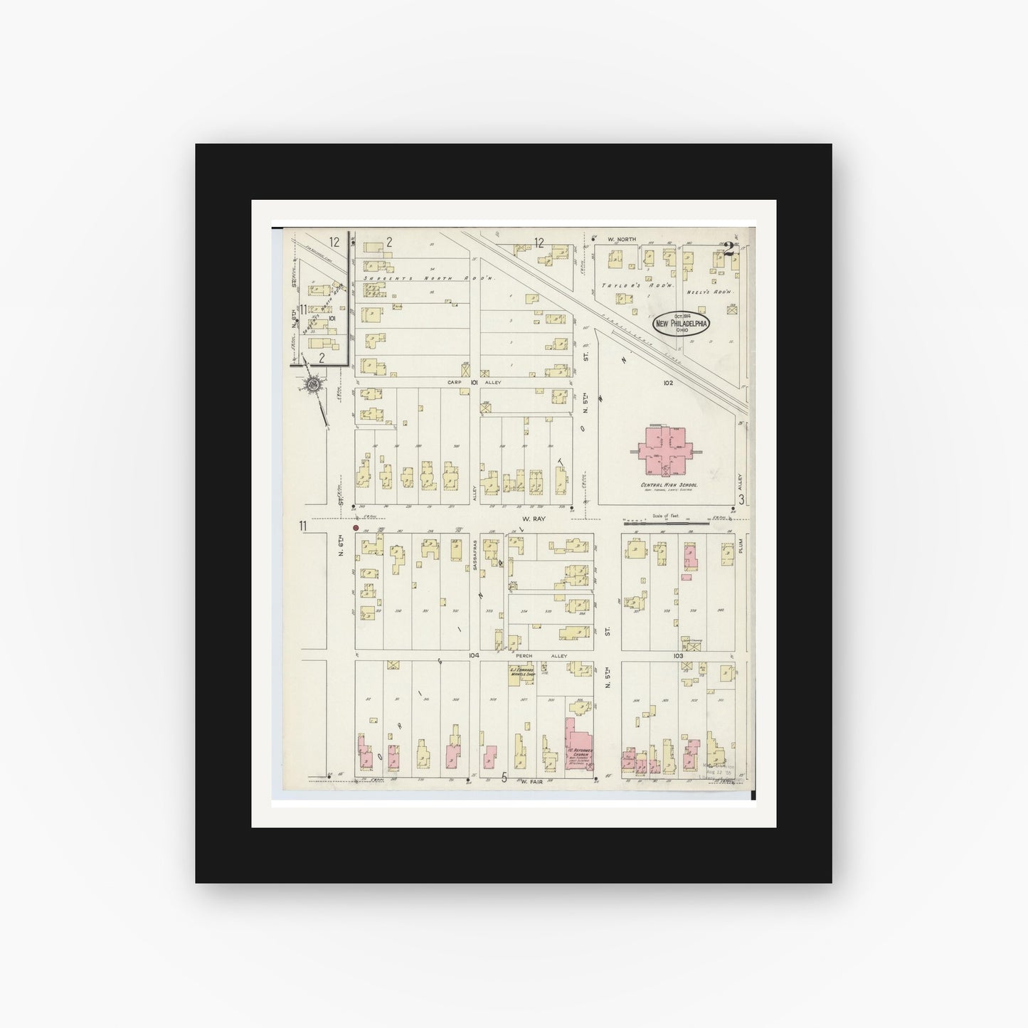 Old map wall art mockup — black gallery frame with white mat — Sanborn Fire Insurance Map from New Philadelphia, Tuscarawas County, Ohio (1914), Sheet #0002