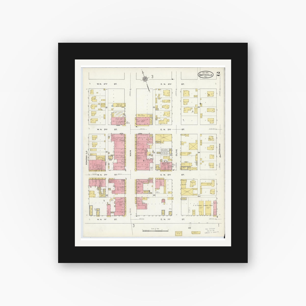 Old map wall art mockup — black gallery frame with white mat — Sanborn Fire Insurance Map from Smithville, Bastrop County, Texas (1915), Sheet #0002