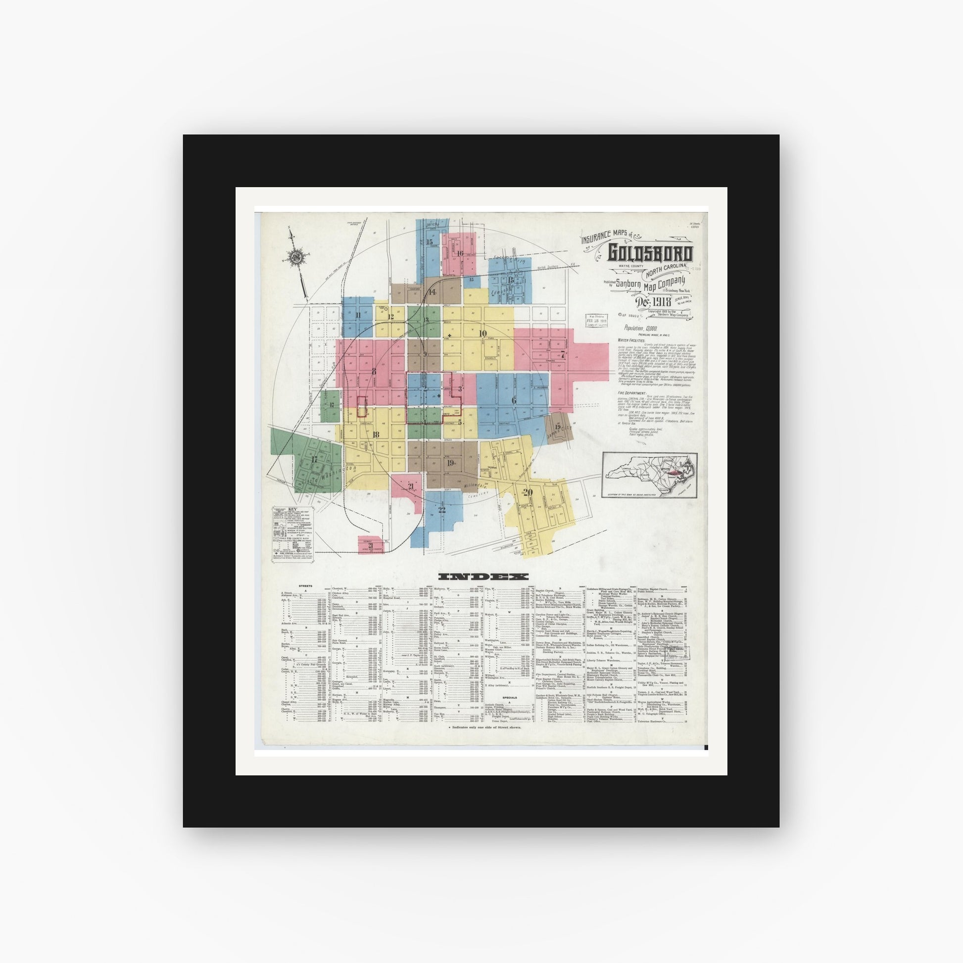 Old map wall art mockup — black gallery frame with white mat — Sanborn Fire Insurance Map from Goldsboro, Wayne County, North Carolina (1918) - Complete Map Set