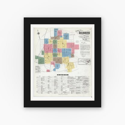 Old map wall art mockup — black gallery frame with white mat — Sanborn Fire Insurance Map from Goldsboro, Wayne County, North Carolina (1918) - Complete Map Set