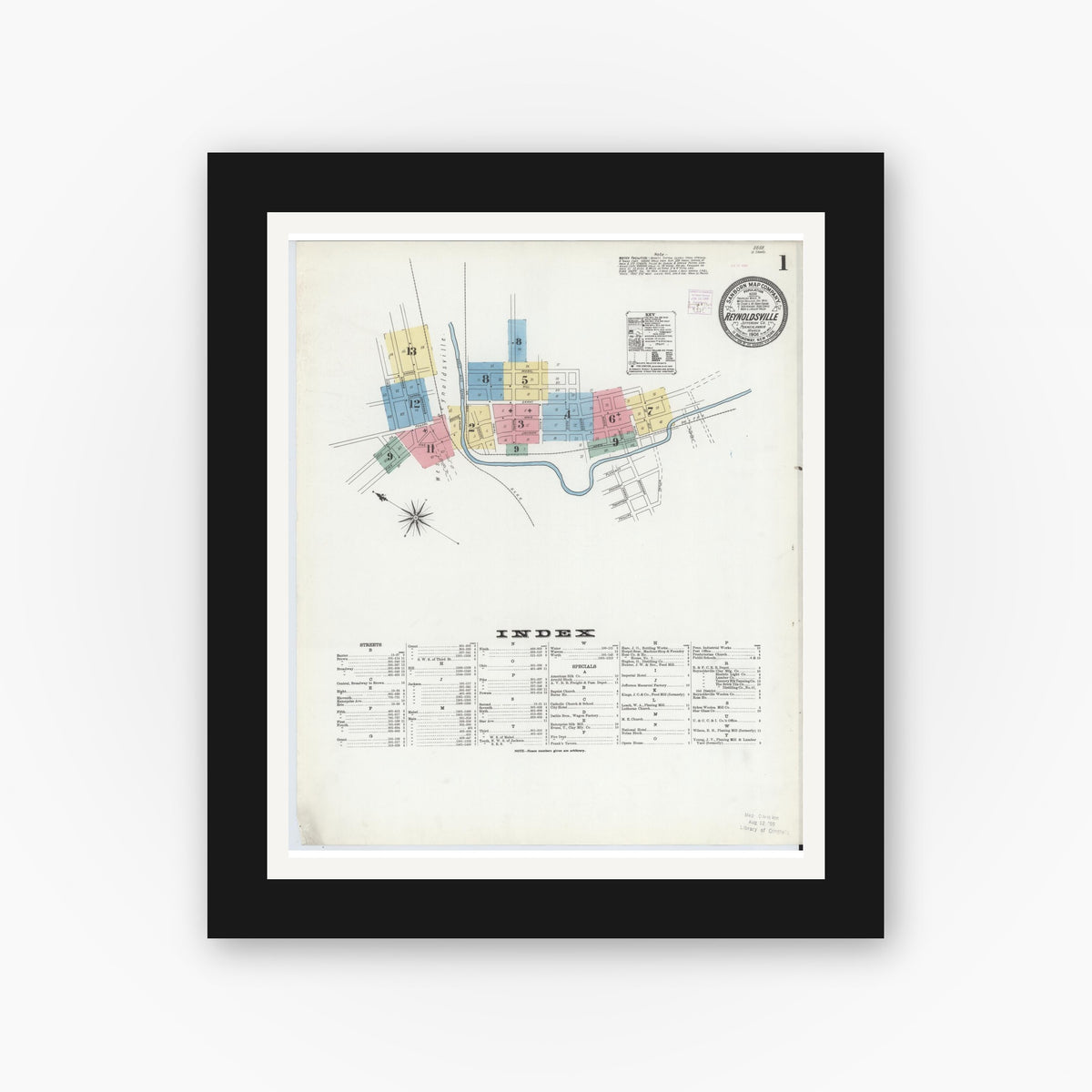 Old map wall art mockup — black gallery frame with white mat — Sanborn Fire Insurance Map from Reynoldsville, Jefferson County, Pennsylvania (1906) - Complete Map Set