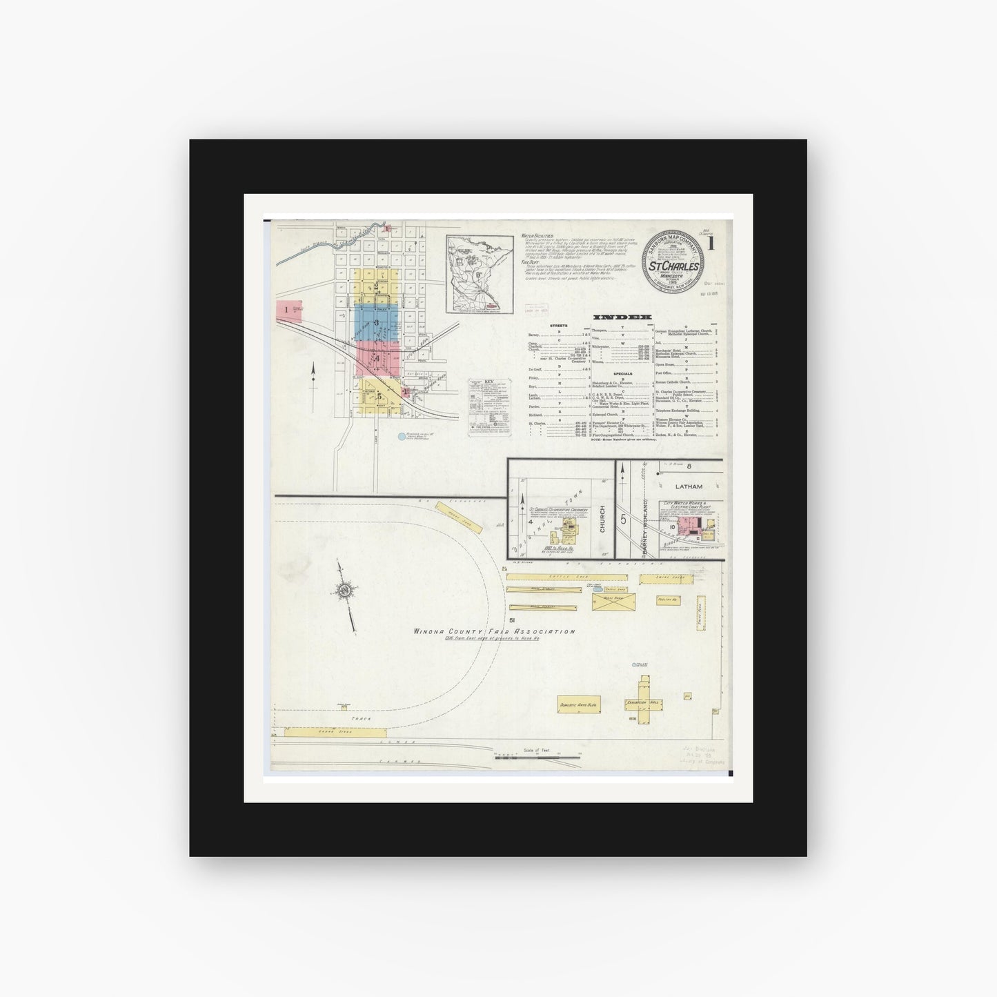 Old map wall art mockup — black gallery frame with white mat — Sanborn Fire Insurance Map from Saint Charles, Winona County, Minnesota (1915) - Complete Map Set