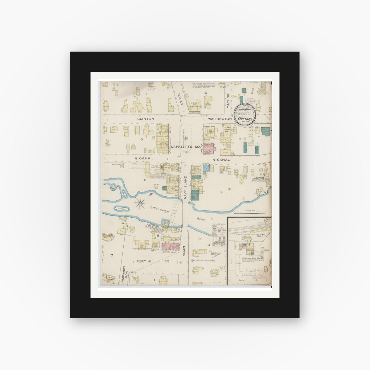 Old map wall art mockup — black gallery frame with white mat — Sanborn Fire Insurance Map from Oxford, Chenango County, New York (1886), Sheet #0001