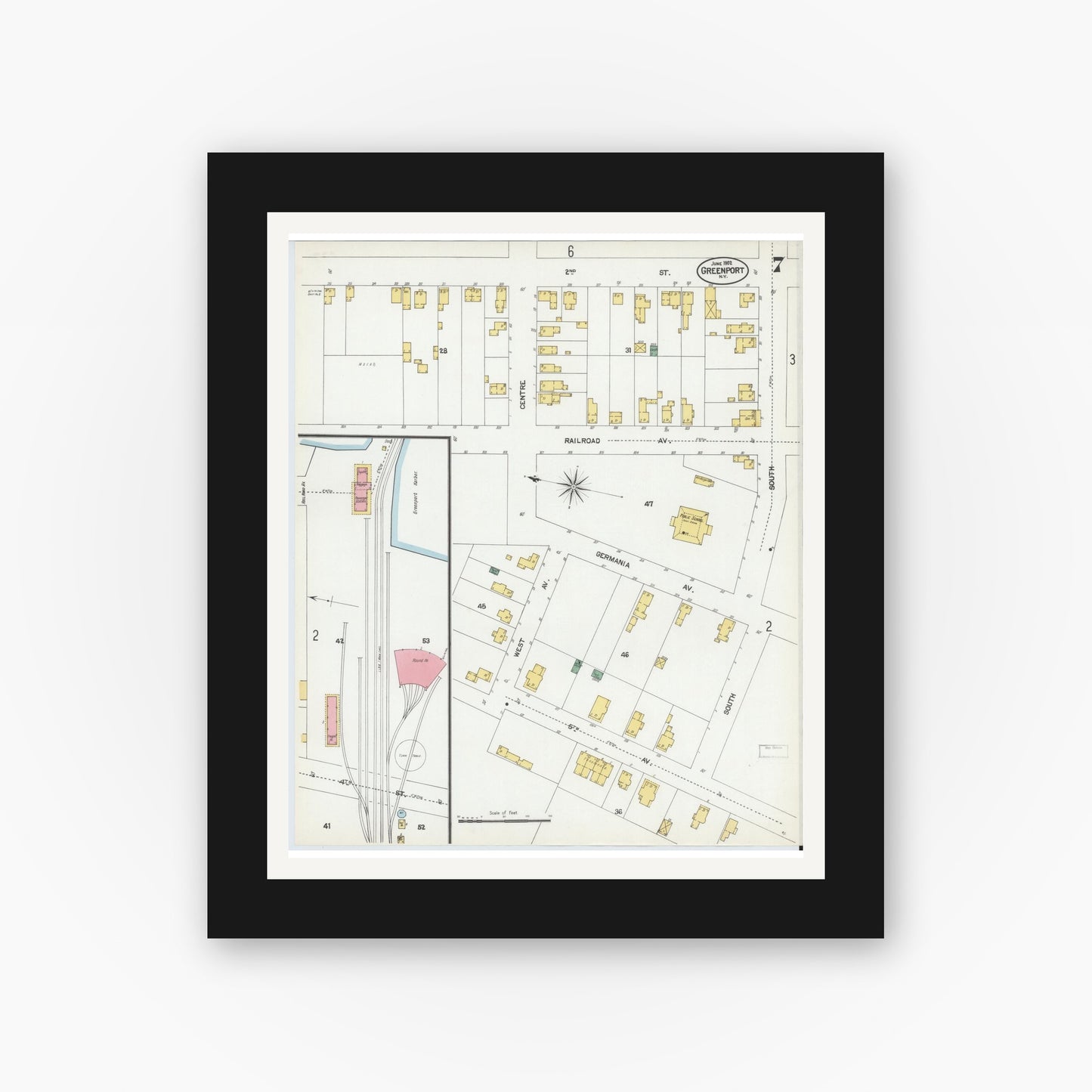 Old map wall art mockup — black gallery frame with white mat — Sanborn Fire Insurance Map from Greenport, Suffolk County, New York (1902), Sheet #0007