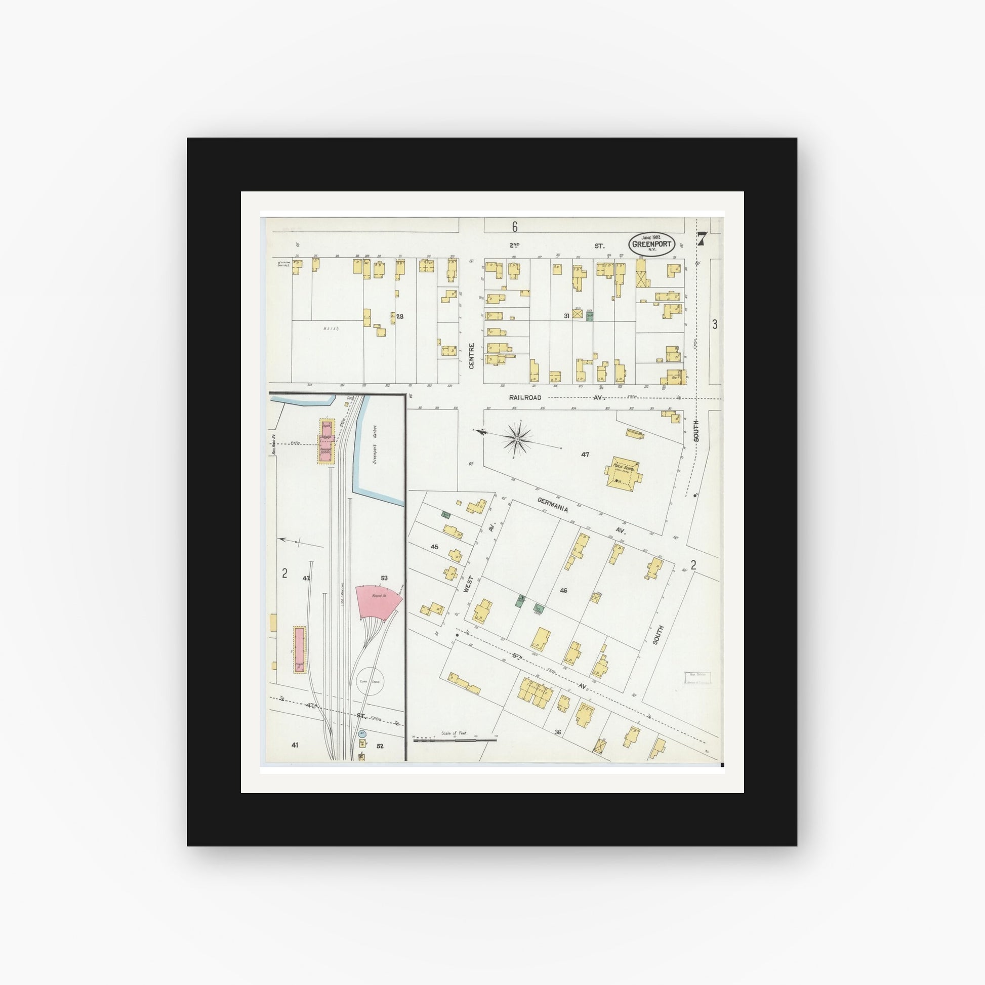 Old map wall art mockup — black gallery frame with white mat — Sanborn Fire Insurance Map from Greenport, Suffolk County, New York (1902), Sheet #0007