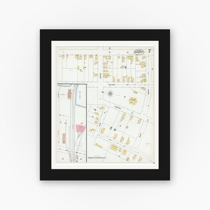 Old map wall art mockup — black gallery frame with white mat — Sanborn Fire Insurance Map from Greenport, Suffolk County, New York (1902), Sheet #0007