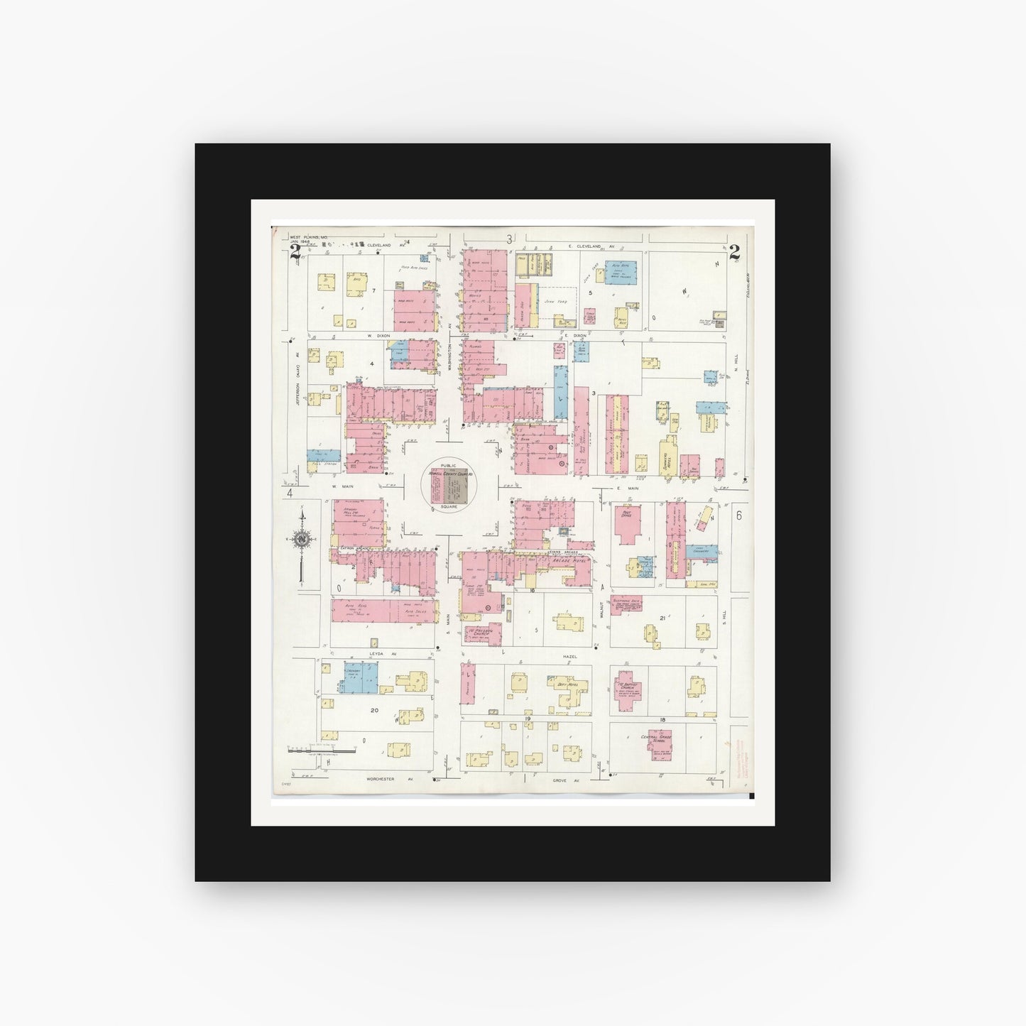 Old map wall art mockup — black gallery frame with white mat — Sanborn Fire Insurance Map from West Plains, Howell County, Missouri (1948), Sheet #0002