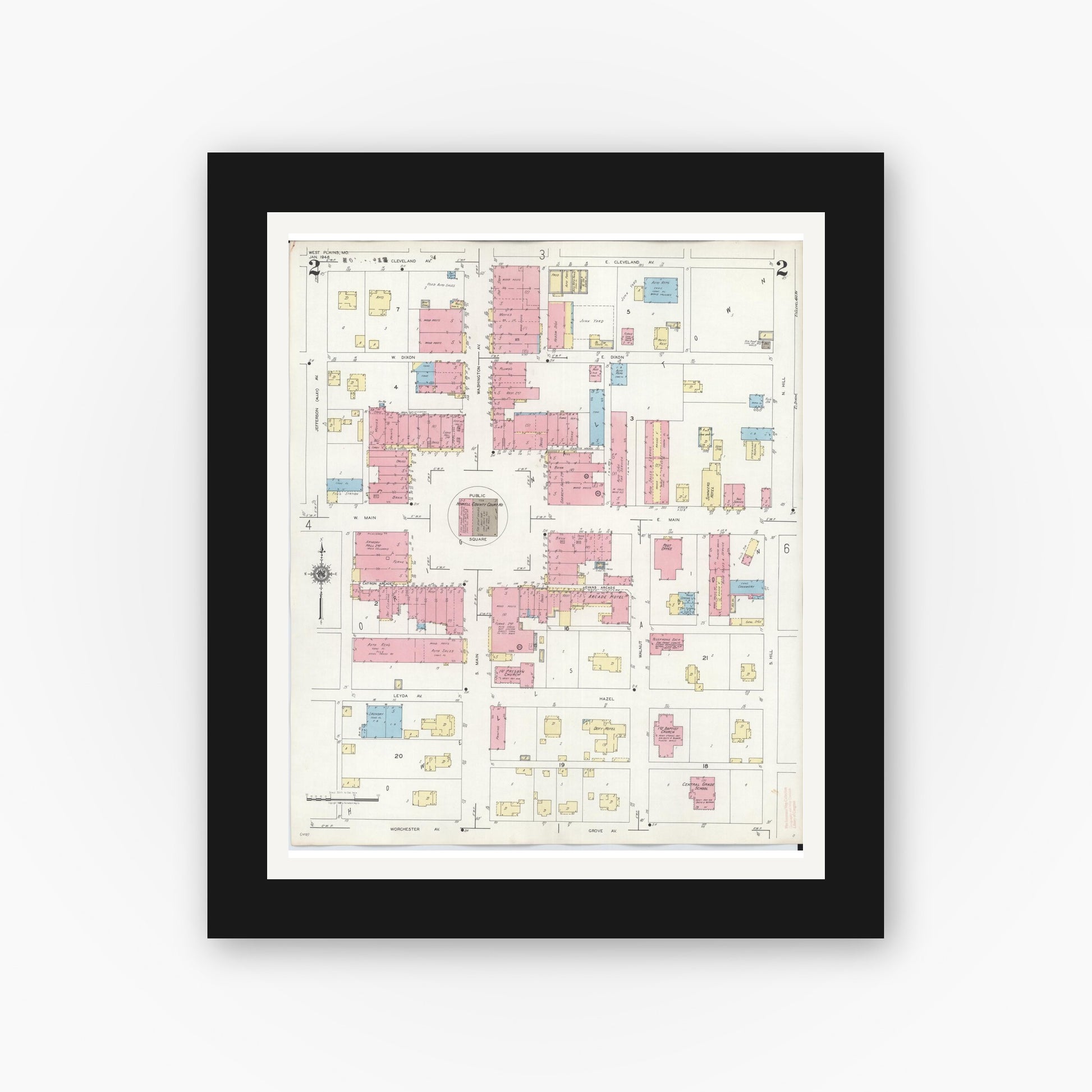 Old map wall art mockup — black gallery frame with white mat — Sanborn Fire Insurance Map from West Plains, Howell County, Missouri (1948), Sheet #0002