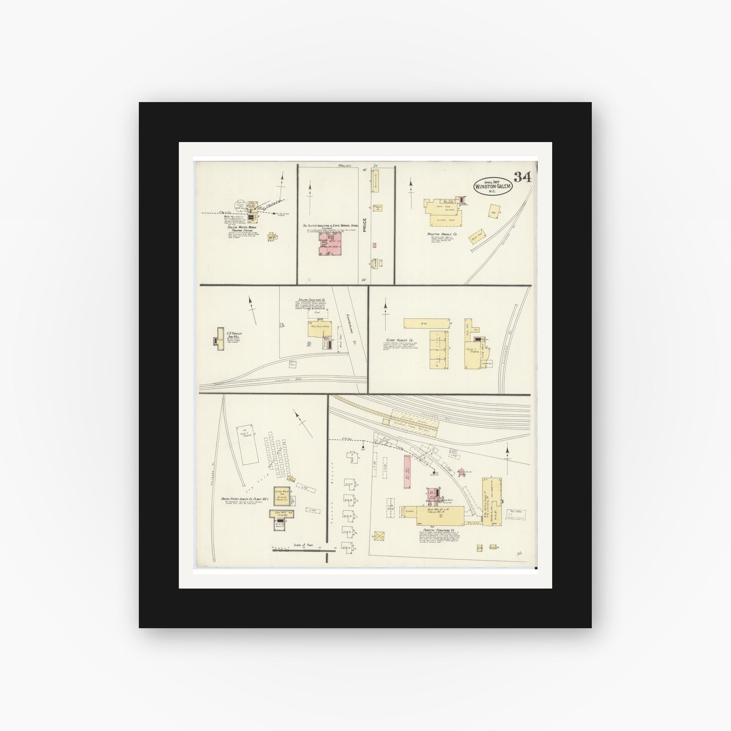 Old map wall art mockup — black gallery frame with white mat — Sanborn Fire Insurance Map from Winston-Salem, Forsyth County, North Carolina (1907), Sheet #0034