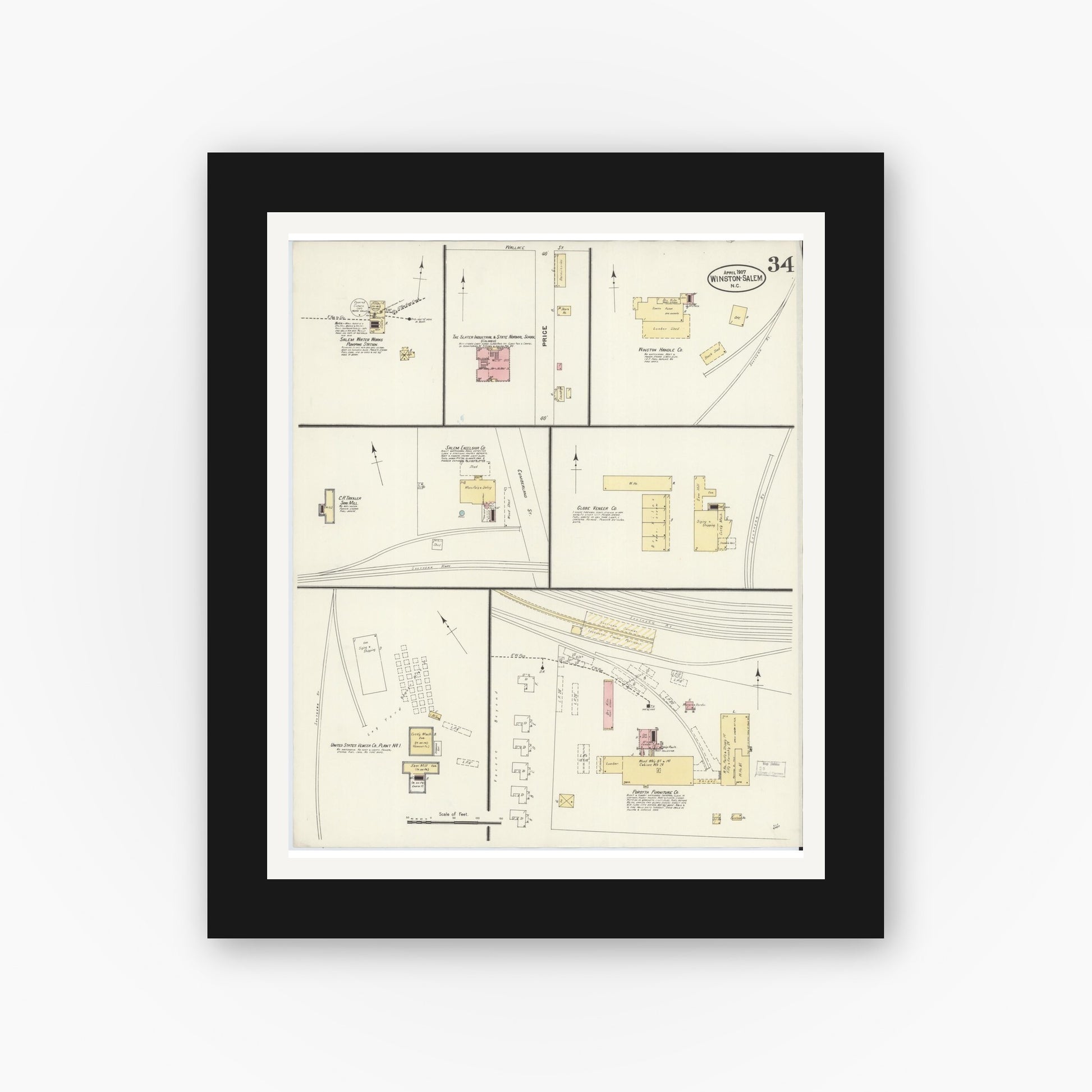 Old map wall art mockup — black gallery frame with white mat — Sanborn Fire Insurance Map from Winston-Salem, Forsyth County, North Carolina (1907), Sheet #0034
