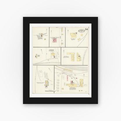 Old map wall art mockup — black gallery frame with white mat — Sanborn Fire Insurance Map from Winston-Salem, Forsyth County, North Carolina (1907), Sheet #0034