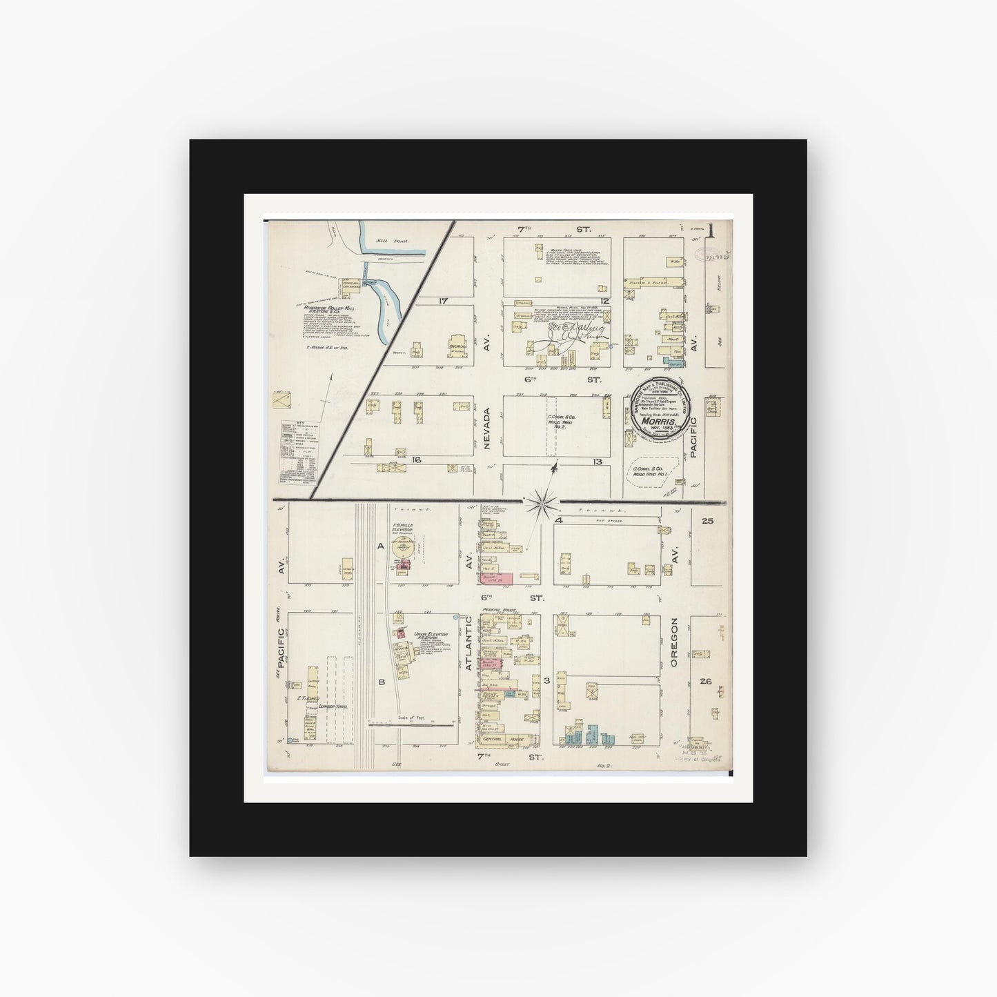 Old map wall art mockup — black gallery frame with white mat — Sanborn Fire Insurance Map from Morris, Stevens County, Minnesota (1885) - Complete Map Set