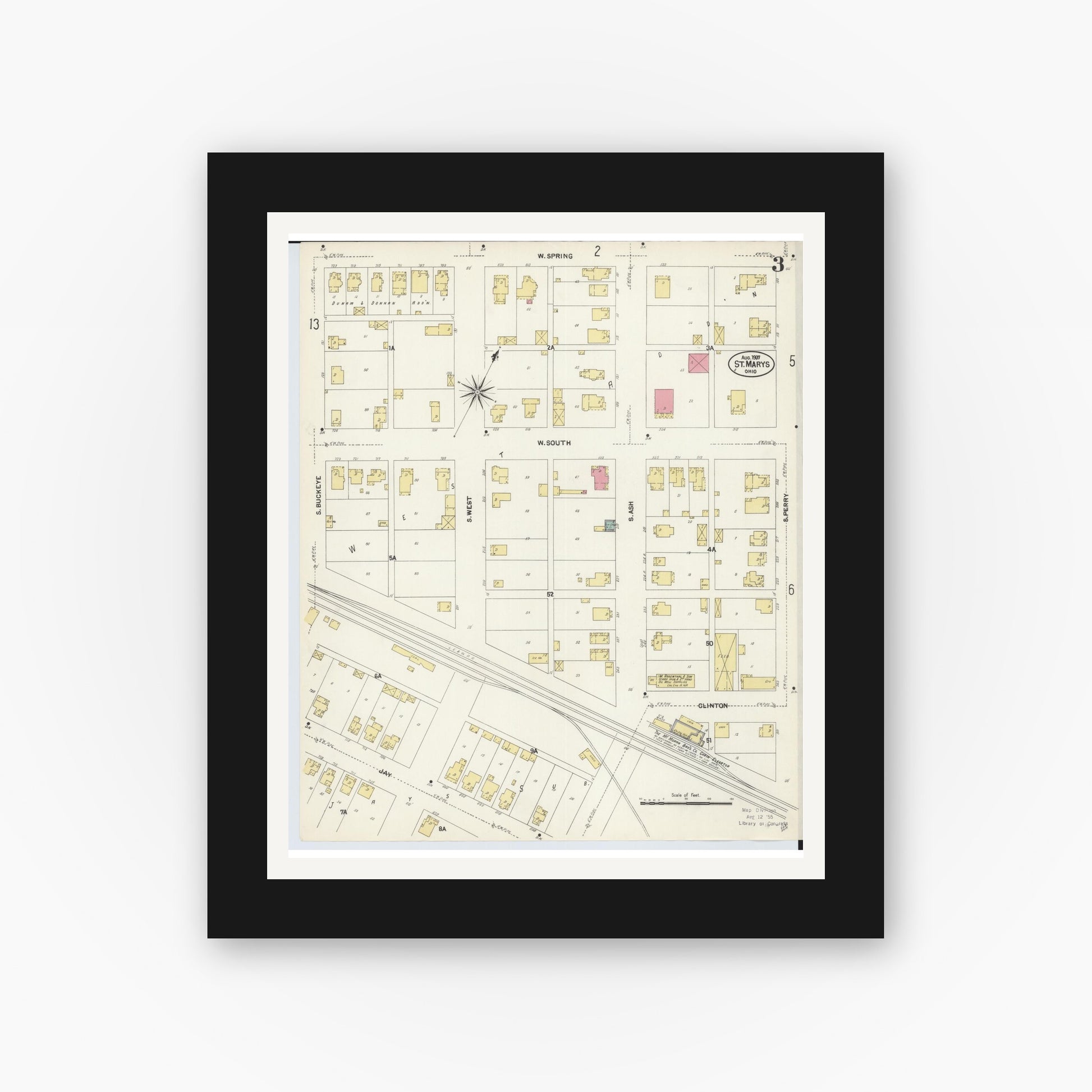 Old map wall art mockup — black gallery frame with white mat — Sanborn Fire Insurance Map from Saint Marys, Auglaize County, Ohio (1907), Sheet #0003