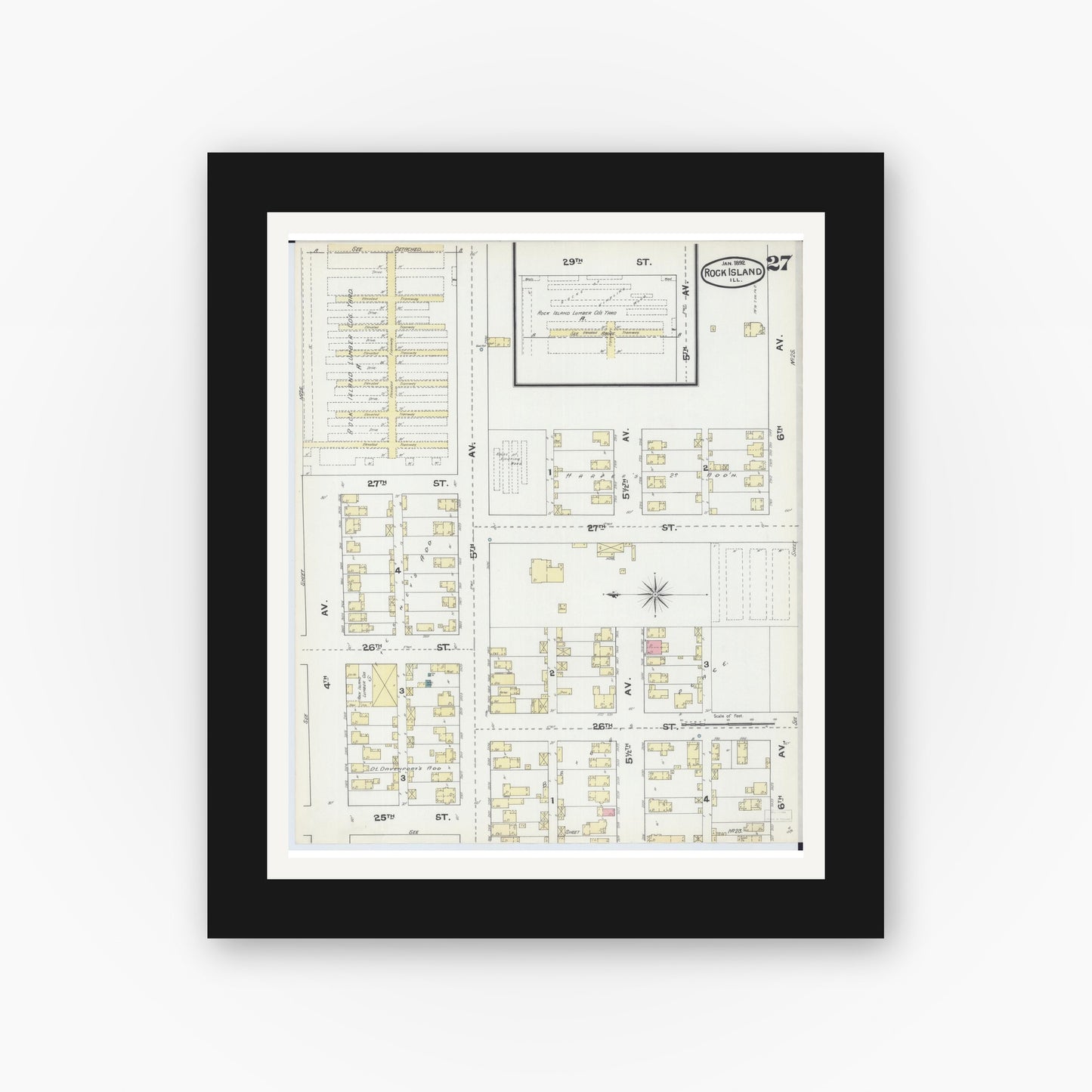 Old map wall art mockup — black gallery frame with white mat — Sanborn Fire Insurance Map from Rock Island, Rock Island County, Illinois (1892), Sheet #0027