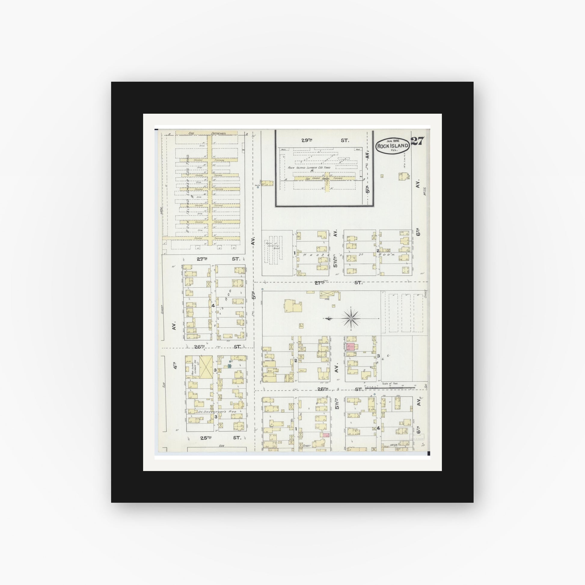 Old map wall art mockup — black gallery frame with white mat — Sanborn Fire Insurance Map from Rock Island, Rock Island County, Illinois (1892), Sheet #0027