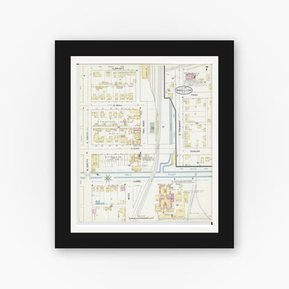 Old map wall art mockup — black gallery frame with white mat — Sanborn Fire Insurance Map from Massillon, Stark County, Ohio (1892), Sheet #0007