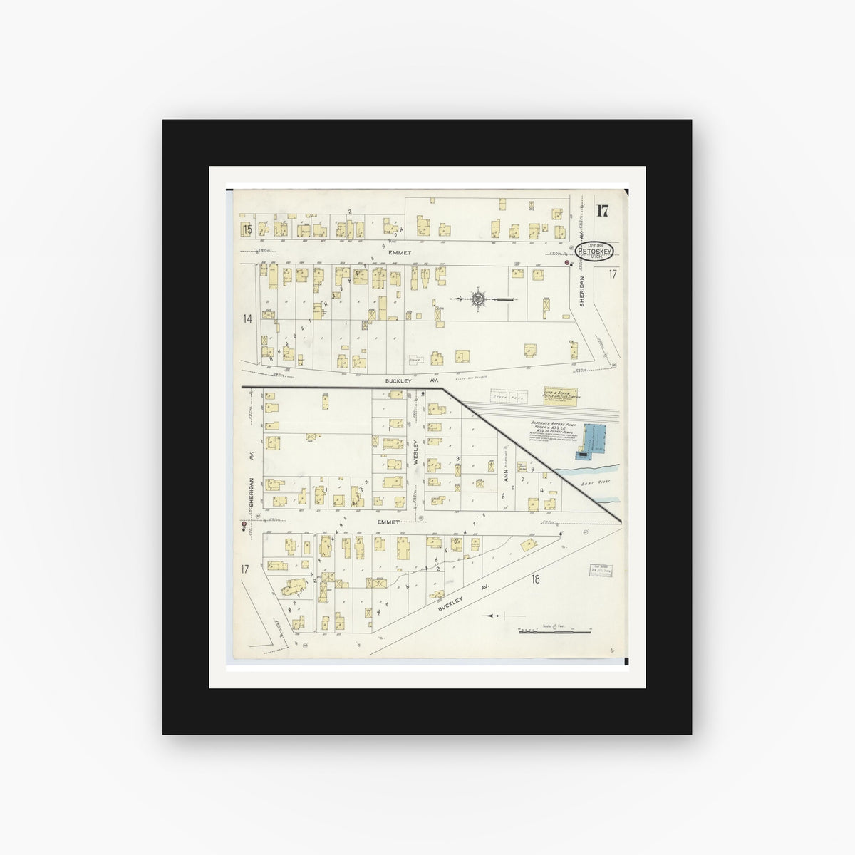 Old map wall art mockup — black gallery frame with white mat — Sanborn Fire Insurance Map from Petoskey, Emmet County, Michigan (1913), Sheet #0017
