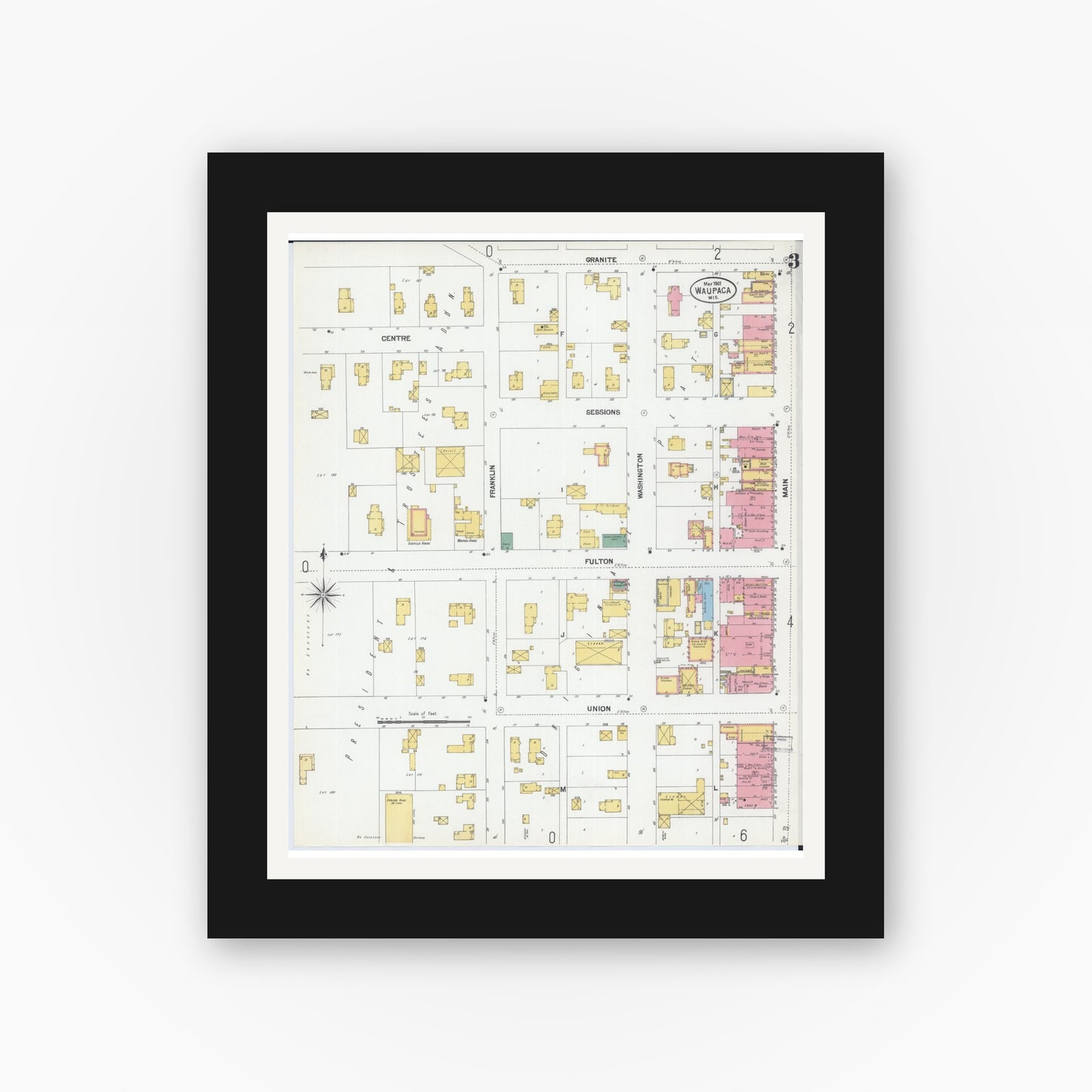 Old map wall art mockup — black gallery frame with white mat — Sanborn Fire Insurance Map from Waupaca, Waupaca County, Wisconsin (1901), Sheet #0003