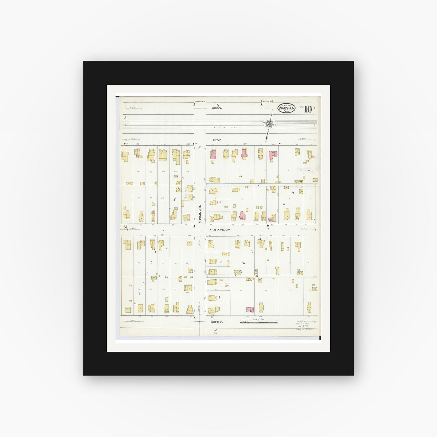 Old map wall art mockup — black gallery frame with white mat — Sanborn Fire Insurance Map from Wauseon, Fulton County, Ohio (1916), Sheet #0010