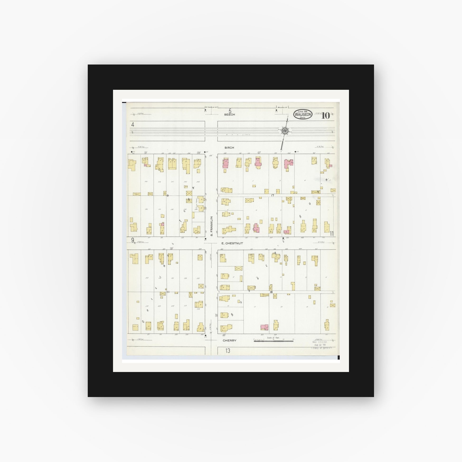 Old map wall art mockup — black gallery frame with white mat — Sanborn Fire Insurance Map from Wauseon, Fulton County, Ohio (1916), Sheet #0010