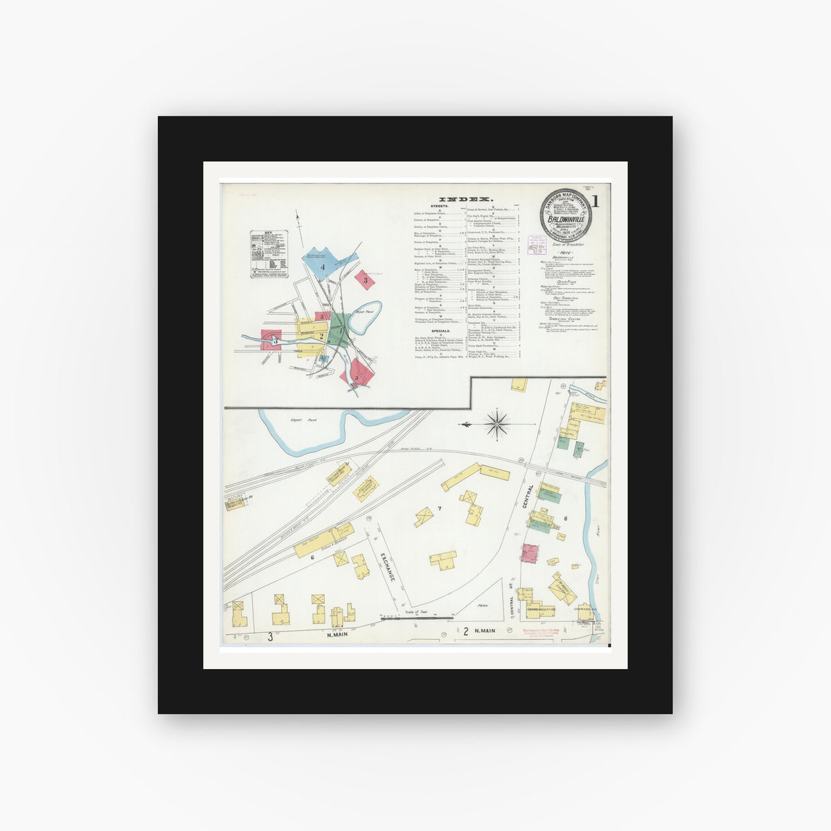 Old map wall art mockup — black gallery frame with white mat — Sanborn Fire Insurance Map from Baldwinville, Worcester County, Massachusetts (1905) - Complete Map Set