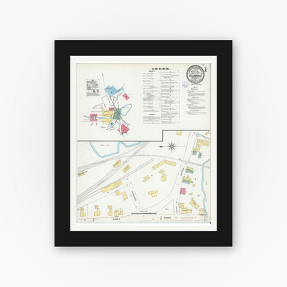 Old map wall art mockup — black gallery frame with white mat — Sanborn Fire Insurance Map from Baldwinville, Worcester County, Massachusetts (1905) - Complete Map Set
