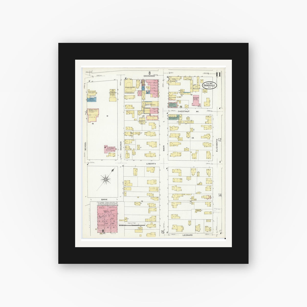 Old map wall art mockup — black gallery frame with white mat — Sanborn Fire Insurance Map from Dansville, Livingston County, New York (1909), Sheet #0011