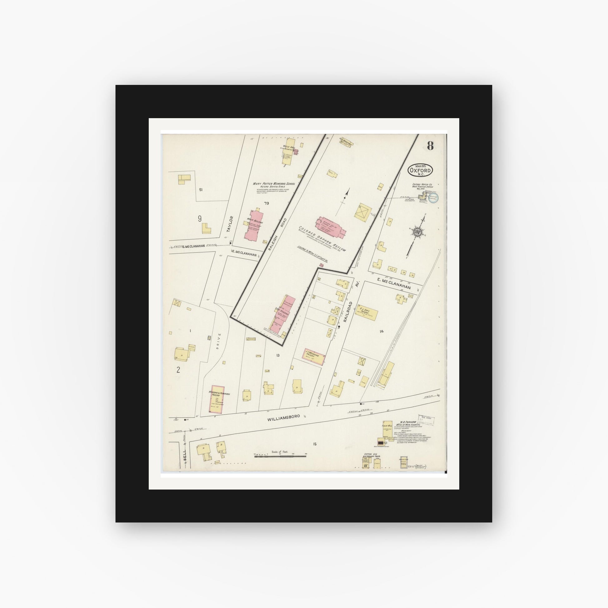 Old map wall art mockup — black gallery frame with white mat — Sanborn Fire Insurance Map from Oxford, Granville County, North Carolina (1915), Sheet #0008