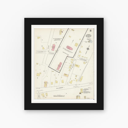 Old map wall art mockup — black gallery frame with white mat — Sanborn Fire Insurance Map from Oxford, Granville County, North Carolina (1915), Sheet #0008