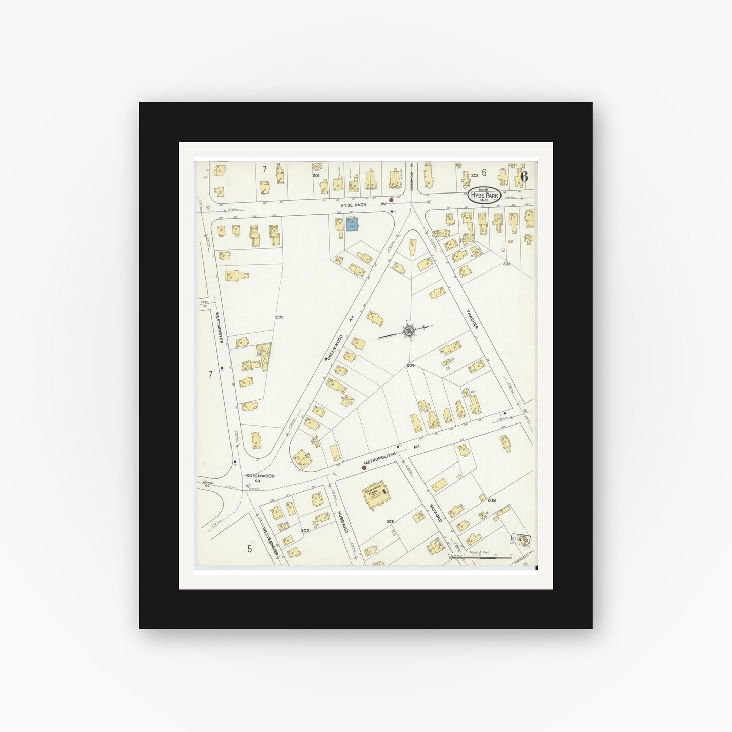 Old map wall art mockup — black gallery frame with white mat — Sanborn Fire Insurance Map from Hyde Park, Norfolk County, Massachusetts (1911), Sheet #0006