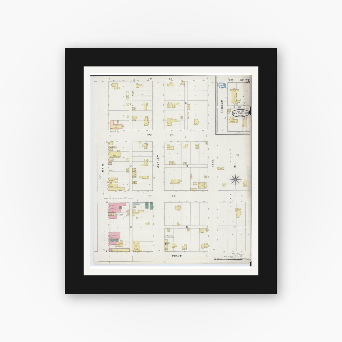 Old map wall art mockup — black gallery frame with white mat — Sanborn Fire Insurance Map from Janesville, Waseca County, Minnesota (1894), Sheet #0003