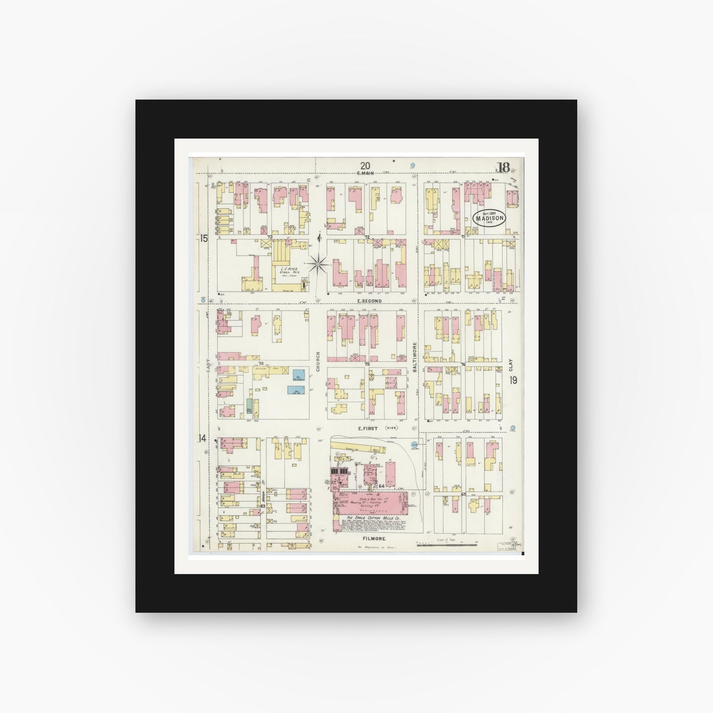 Old map wall art mockup — black gallery frame with white mat — Sanborn Fire Insurance Map from Madison, Jefferson County, Indiana (1897), Sheet #0018