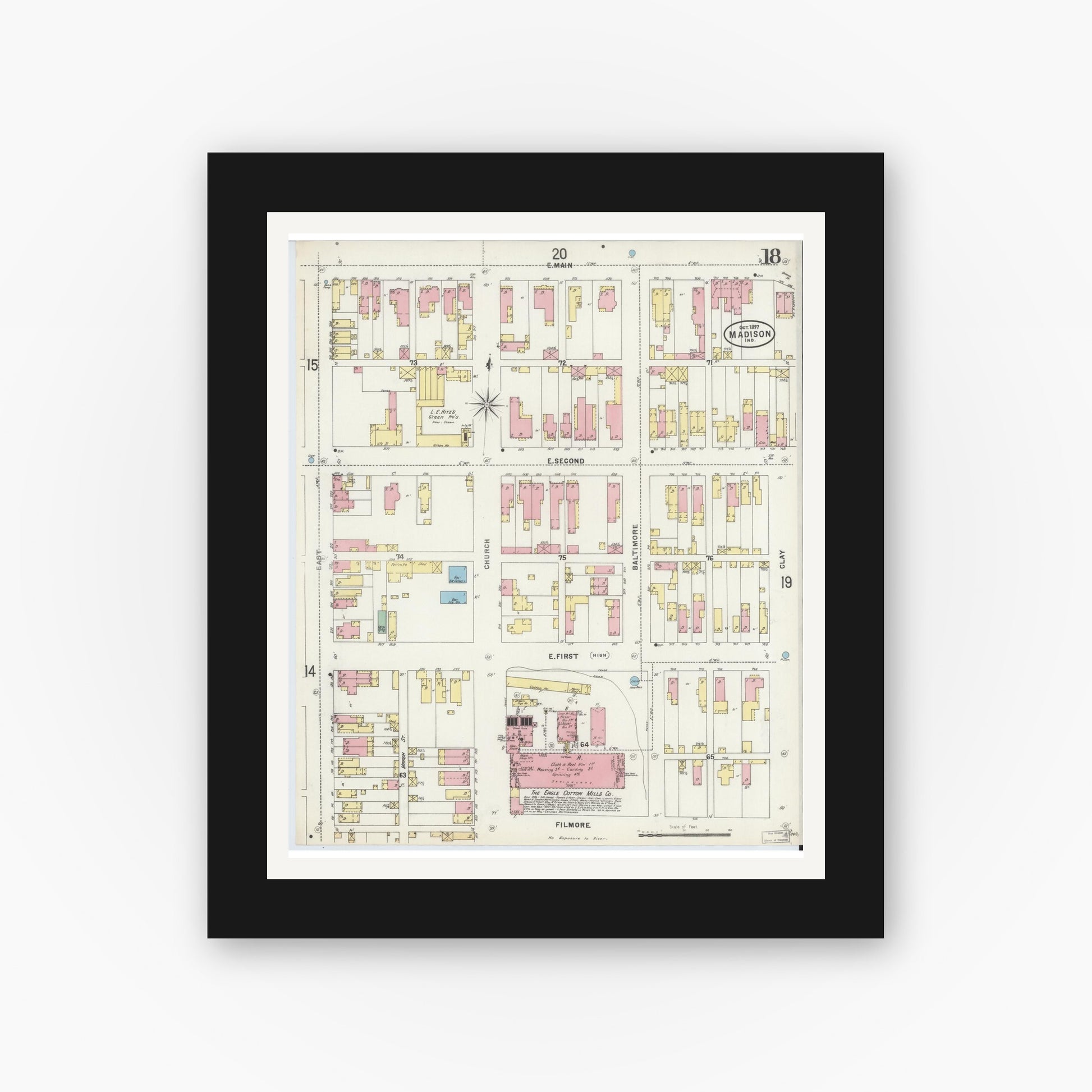 Old map wall art mockup — black gallery frame with white mat — Sanborn Fire Insurance Map from Madison, Jefferson County, Indiana (1897), Sheet #0018